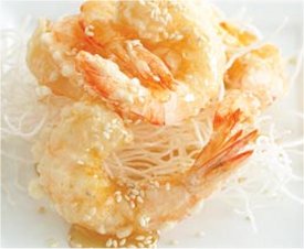 honey prawns on crispy fried noodles